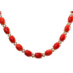 42.82 Carat Natural Coral 14K Yellow Gold Diamond Necklace - Fashion Strada Coral Jewelry Set, Diamond Necklace Simple, Gold Link Necklace, Coral Beads Necklace, Sterling Silver Jewelry Rings, Beaded Necklace Designs, Jewelry Bracelets Gold, Diamond Jewelry Designs, Natural Coral