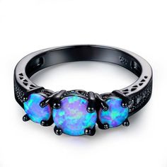 Jeulia Rings, Tri Stone Ring, Opal Birthstone Ring, Womens Wedding Rings, Black Opal Jewelry, Pink Opal Ring, Australian Opal Ring, Blue Fire Opal, Black Gold Ring