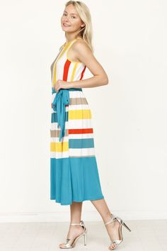 95% Polyester 5% Spandex Made in the USA Multicolor Belted Knee-length Dress, Spring Striped Belted Dress, Striped Belted Dress For Spring, Striped Summer Dress With Tie Waist, Summer Striped Dress With Tie Waist, Spring Stretch Dress With Tie Waist, Spring Dresses With Tie Waist And Stretch Fit, Striped Belted Summer Dress, Belted Striped Summer Dress