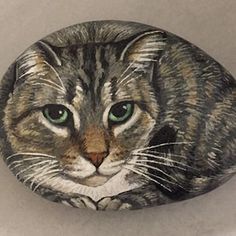 a painted rock with a cat's face and green eyes is shown in the foreground