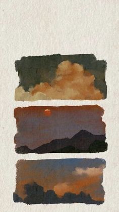 three watercolors are shown with different colors and shapes in the same image, one is