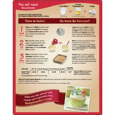 the recipe for cupcakes is shown in red and beige colors, with instructions on how to make them