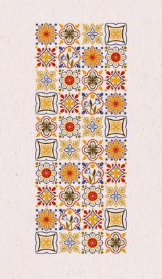 an intricately designed tile in yellow, blue and red colors on a white background