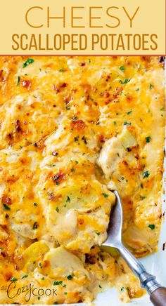 cheesy scalloped potatoes in a dish with a silver spoon Scalloped Potatoes On The Bbq, Scalloped Potatoes Sour Cream, Creamy Au Gratin Potatoes All Recipes, Cheesy Augratin Potatoes, Homemade Potatoes Au Gratin, Creamy Potato Gratin, Simple Au Gratin Potatoes, Au Potatoes Gratin, Homemade Potato Au Gratin