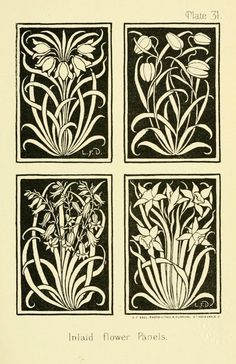 four panels with flowers on them in black and white, each panel has three different designs