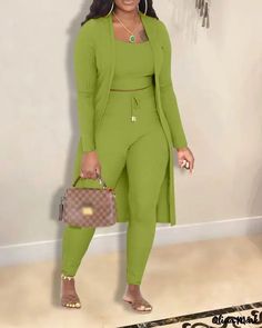 Color: green, Size: L Patchwork Cardigan, Straight Clothes, Baggy Style, Longline Coat, Gilet Long, Two Piece Pants Set, Top Pants Set, Three Piece Suit, Green Outfit