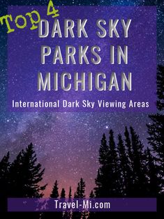 the title for top 4 dark sky parks in michigan, with trees and stars in the background