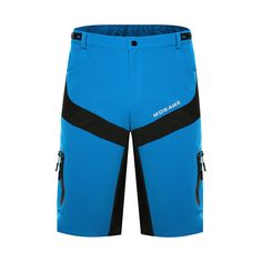 a blue shorts with black trims on the bottom and side zippers at the waist