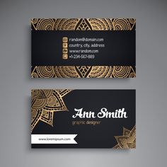 two business cards with gold and black designs