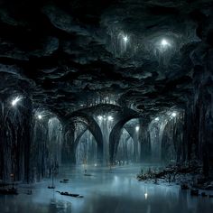 an underground tunnel with trees and lights in the ceiling, surrounded by foggy water