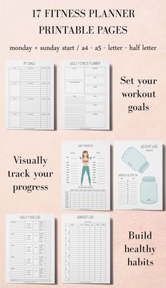 the printable workout planner is shown in four different colors and sizes, with instructions for each