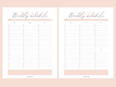 the printable weekly planner is shown in pink and white with gold lettering on it