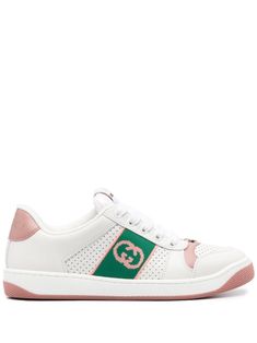 rose pink white bright green calf leather round toe perforated toebox logo plaque perforated detailing signature Interlocking G logo logo patch at the tongue contrasting branded heel counter padded ankle branded insole flat rubber sole front lace-up fastening Women's Gucci sneakers fit large. For the most comfortable fit please select half a size down. We've partnered with Good On You — an independent agency that rates how brands perform in relation to their impact on the planet, people and anim Gucci Screener, Gucci Sneakers, G Logo, Planet People, Bright Green, Rose Pink, Sneakers White, Patch Logo, Calf Leather