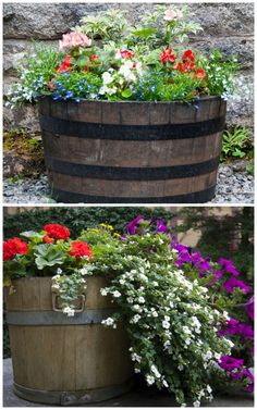 an old wooden barrel with flowers growing out of it, and another photo of the same planter