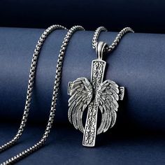 Men Silver Large Winged Cross Pendant Necklace Christian Jewelry Box Chain 24" | eBay Gothic Winged Jewelry For Gifts, Gothic Winged Jewelry Gift, Metal Wing-shaped Jewelry Gift, Metal Wheat Chain Necklace As A Gift, Metal Wheat Chain Necklace Gift, Fashion Angels, Necklace Christian, Crucifix Necklace, Cross Gift