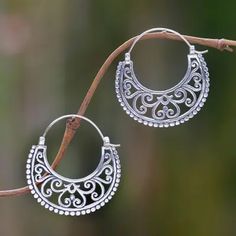 Balinese Style Sterling Silver Crescent Hoop Earrings - Moonlit Garden | NOVICA Boho Hoop Earrings, Fine Silver Jewelry, Silver Jewelry Handmade, Sterling Silver Hoop Earrings, Sterling Silver Hoops, Girls Earrings, Handmade Sterling Silver, Silver Hoops, Silver Hoop Earrings