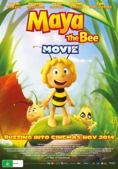 the movie poster for moya the bee is shown in front of an image of two bugs