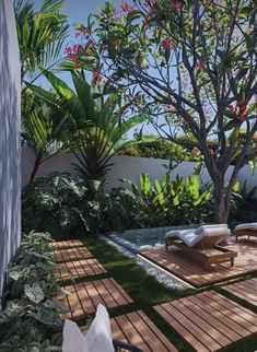 an outdoor area with wooden decking and plants