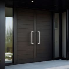 the front door to a modern home with double doors and sidelights on either side