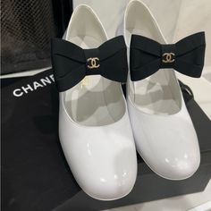 Patent Calfskin & Grosgrain White & Black U.S Price $1375+ Tax I Bought It In Paris. It Comes With The Dust Bag And Receipt Chanel Mary Jane Shoes, White Chanel Shoes, Chanel Mary Janes, Chanel Items, Channel Shoes, Mini Shoes, Digital Wardrobe, Mary Janes Shoes, Fancy Heels