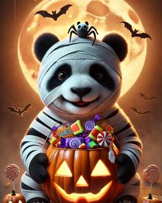 a panda bear is holding a pumpkin with candy in it