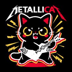 a black shirt with an image of a cat playing the guitar