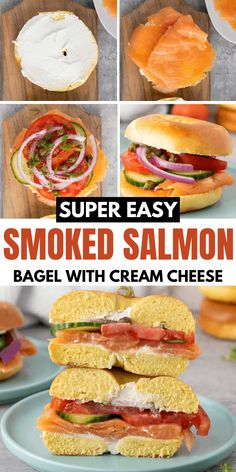 an easy smoked salmon bagel with cream cheese is shown in this collage and it's ready to be eaten