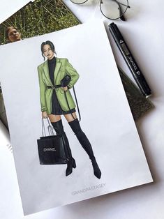 a drawing of a woman in a green blazer and black dress holding a shopping bag