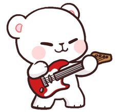 a white teddy bear holding a red guitar