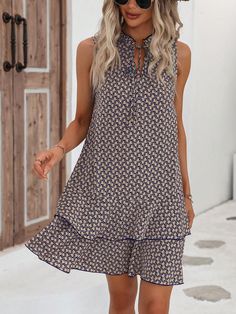 Multicolor Cute Collar Sleeveless Woven Fabric All Over Print Smock Embellished Non-Stretch  Women Clothing Sleeveless Skirt, Grey Midi Dress, Mini Dress Fashion, Belted Midi Dress, Cotton Blends Dress, Sleeveless Dress Summer, Linnet, Ruffle Mini Dress, Asymmetrical Skirt