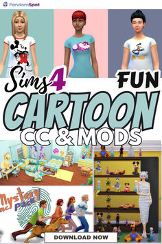 an advertisement for cartoon c & m's shows people in various outfits and colors