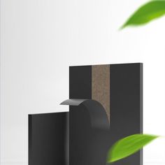 a black box with a brown stripe on it and a green plant in the corner