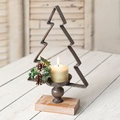 Metal & Wood Christmas Tree Candle Holder For Pillar Candles-CTW Home-The Village Merchant Christmas Tree Holder, Country Christmas Trees, Black Candle Holders, Christmas Tree Candle Holder, Tree Candle Holders, Tree Candle, Candleholder Centerpieces, Christmas Tree Candles, Metal Christmas Tree