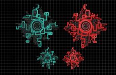 three different types of gears on a black background with red, green and blue colors