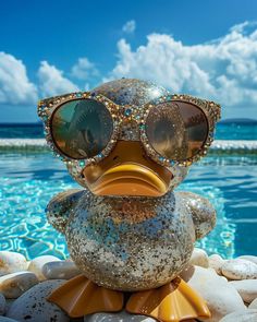 a duck wearing sunglasses sitting on top of rocks next to the ocean with blue sky and clouds in the background