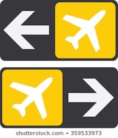 two yellow and black signs with arrows pointing in opposite directions, one showing an airplane