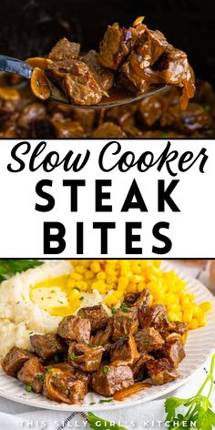 slow cooker steak bites on a plate with mashed potatoes and corn in the background