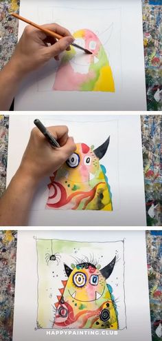 three pictures of different animals being drawn with colored pencils