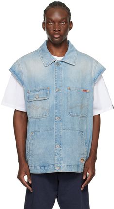 Non-stretch denim vest. Fading throughout. · Spread collar · Button closure · Flap and patch pocket · Welt pockets · Logo patch at chest and hem · Cap sleeves · Adjustable button tabs at back hem · Contrast stitching in yellow Supplier color: Bleached wash Rose Clothing, Martine Rose, Rose Blue, Bleach Wash, Faded Denim, Contrast Stitch, Denim Vest, Welt Pocket, Stretch Denim