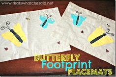 butterfly footprints placemats on a table with the words, butterfly footprints placemats