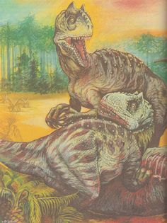 an image of two dinosaurs that are on the ground