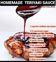 the recipe for homemade teriyaki sauce is shown on top of a piece of meat