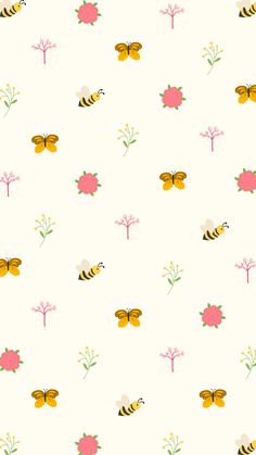 a white background with flowers and bees on it