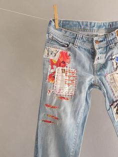 Distressed Vintage Boyfriend Jeans/Hipster Jeans/All | Etsy Handmade Denim Bohemian Bottoms, Handmade Bohemian Denim Bottoms, Bohemian Denim Jeans For Festival, Hippie Straight Leg Cotton Jeans, Hippie Style Straight Leg Cotton Jeans, Hippie Cotton Straight Leg Jeans, Straight Leg Cotton Jeans For Festival, Bohemian Straight Leg Recycled Denim Bottoms, Multicolor Distressed Cotton Jeans