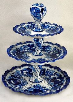 three tiered blue and white platter