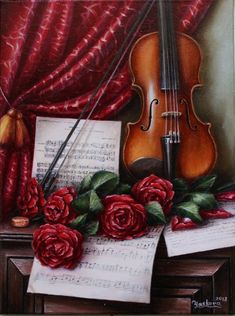 a painting of violin and sheet music with roses