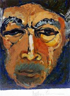 a painting of a man's face with yellow eyes