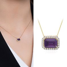 This 14k Gold Purple Amethyst Necklace is a perfect choice if you've been looking for a dainty & handmade jewelry! This necklace is also one of your best gifting options as a bridesmaid gift!  ◖ P R O P E R T I E S ◗ * Color No: #3 * Material: 14k Yellow Gold, 14k Rose Gold, 14k White Gold * Gemstone: Purple Zircon (Imitation Amethyst) * Gemstone: Clear Zircon * Adjustable: Yes, 1" Extension will be added to selected length ◖ D I O N J E W E L ◗ ‣ 14K REAL GOLD ‣ EXPRESS DELIVERY IN 1-3 DAYS* ‣ Formal Amethyst Baguette Cut Jewelry, Formal Baguette Cut Amethyst Jewelry, Luxury Purple Baguette Cut Jewelry, Baguette Cut Amethyst Jewelry As A Gift, Amethyst Baguette Cut Jewelry For Gift, Elegant Amethyst Baguette Cut Jewelry, Baguette Cut Amethyst Jewelry Gift, Baguette Cut Amethyst Jewelry For Gifts, Elegant Gold Amethyst Necklace