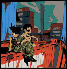 two young boys sitting on top of a wooden bench in front of a cityscape