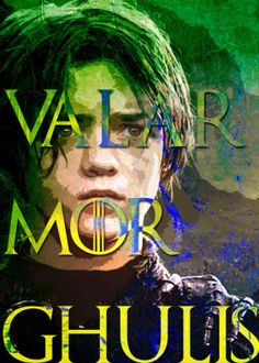 the poster for valar morr ghus is displayed on a white wall with green hair